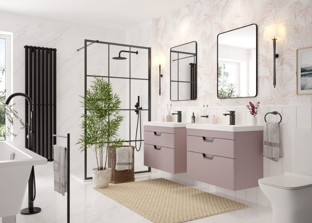 This master bathroom with Freya Vanity Unit in Cashmere Pink and Astrid Mirrors helps bounce light around the space.