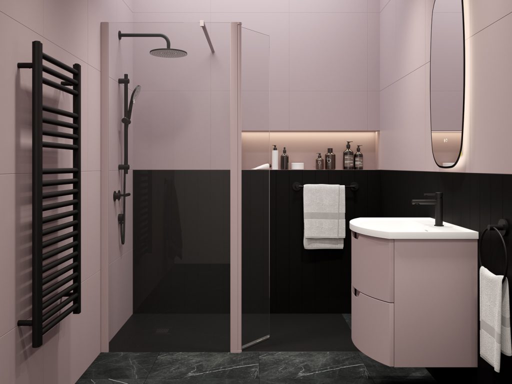 Black and Pink Bathroom, Edgy Bathroom, Pastel colours with punchy Black