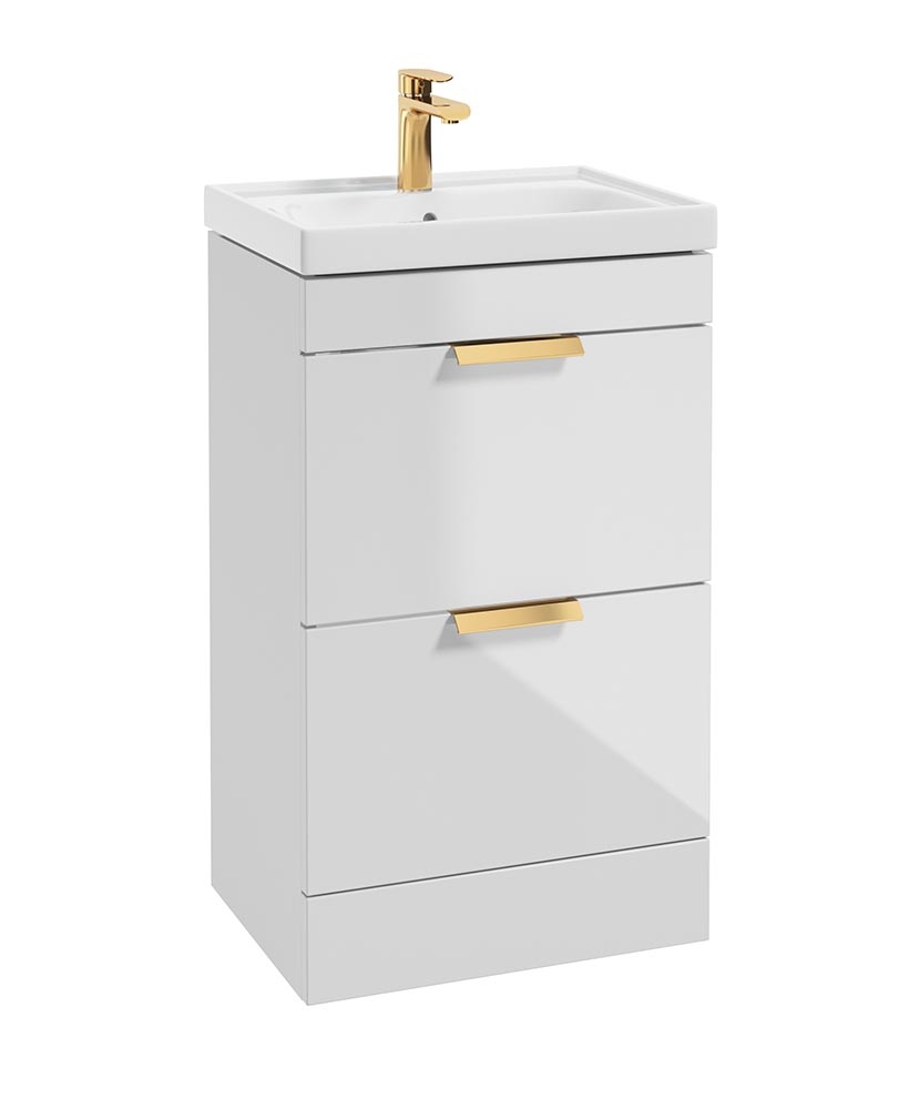 STOCKHOLM Gloss White 50cm 2 Drawer Floor Standing Vanity Unit - Brushed Gold Handle