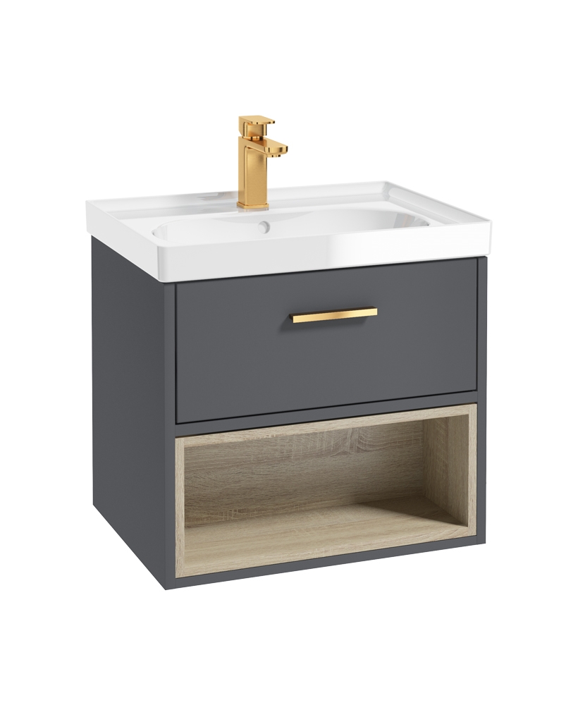 MALMO 60cm Single Drawer - Open Shelf Unit - Midnight Grey - Brushed Gold Handle - Gloss Basin