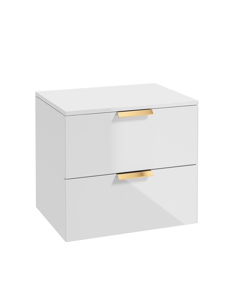 STOCKHOLM Wall Hung 60cm Two Drawer Countertop Vanity Unit Gloss White - Brushed Gold Handles