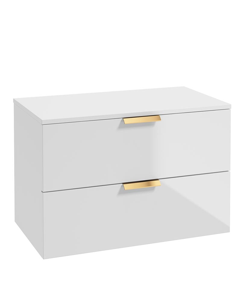 STOCKHOLM Wall Hung 80cm Two Drawer Countertop Vanity Unit Gloss White - Brushed Gold Handles