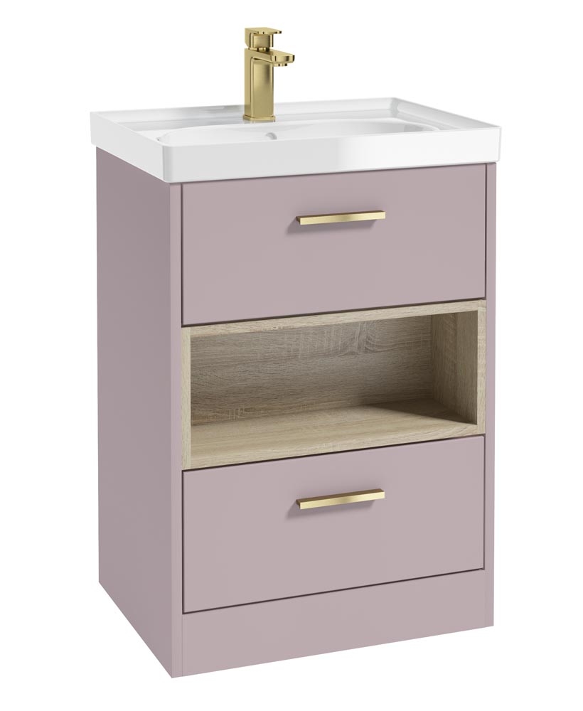 MALMO 60cm Two Drawer Matt Cashmere Pink Floor Standing Vanity Unit Gloss Basin - Brushed Gold Handle