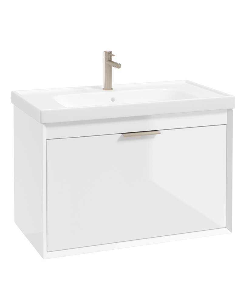 FJORD Wall Hung 80cm Two Drawer Vanity Unit Gloss White- Brushed Nickel Handle