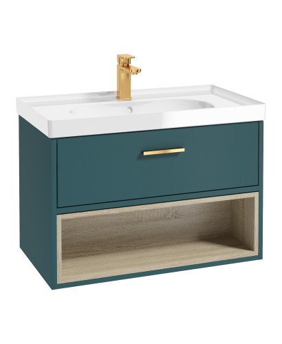 MALMO 80cm Single Drawer - Open Shelf Unit - Ocean Blue - Brushed Gold Handle - Gloss Basin