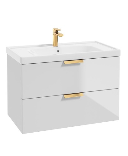 STOCKHOLM Wall Hung 80cm Two Drawer Vanity Unit Gloss White - Brushed Gold Handle