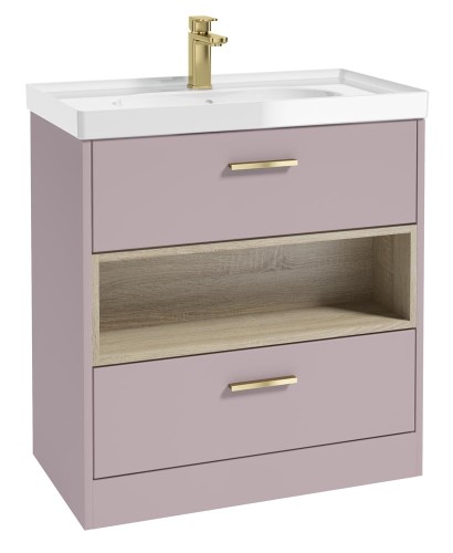 MALMO 80cm Two Drawer Matt Cashmere Pink Floor Standing Vanity Unit Gloss Basin - Brushed Gold Handle