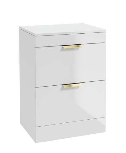 STOCKHOLM Floor Standing 60cm Two Drawer Countertop Vanity Unit Gloss White - Brushed Gold Handle