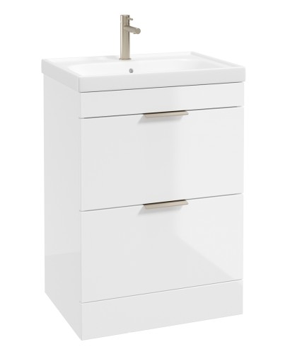 STOCKHOLM Floorstanding 60cm Two Drawer Vanity Unit Gloss White - Brushed Nickel Handles