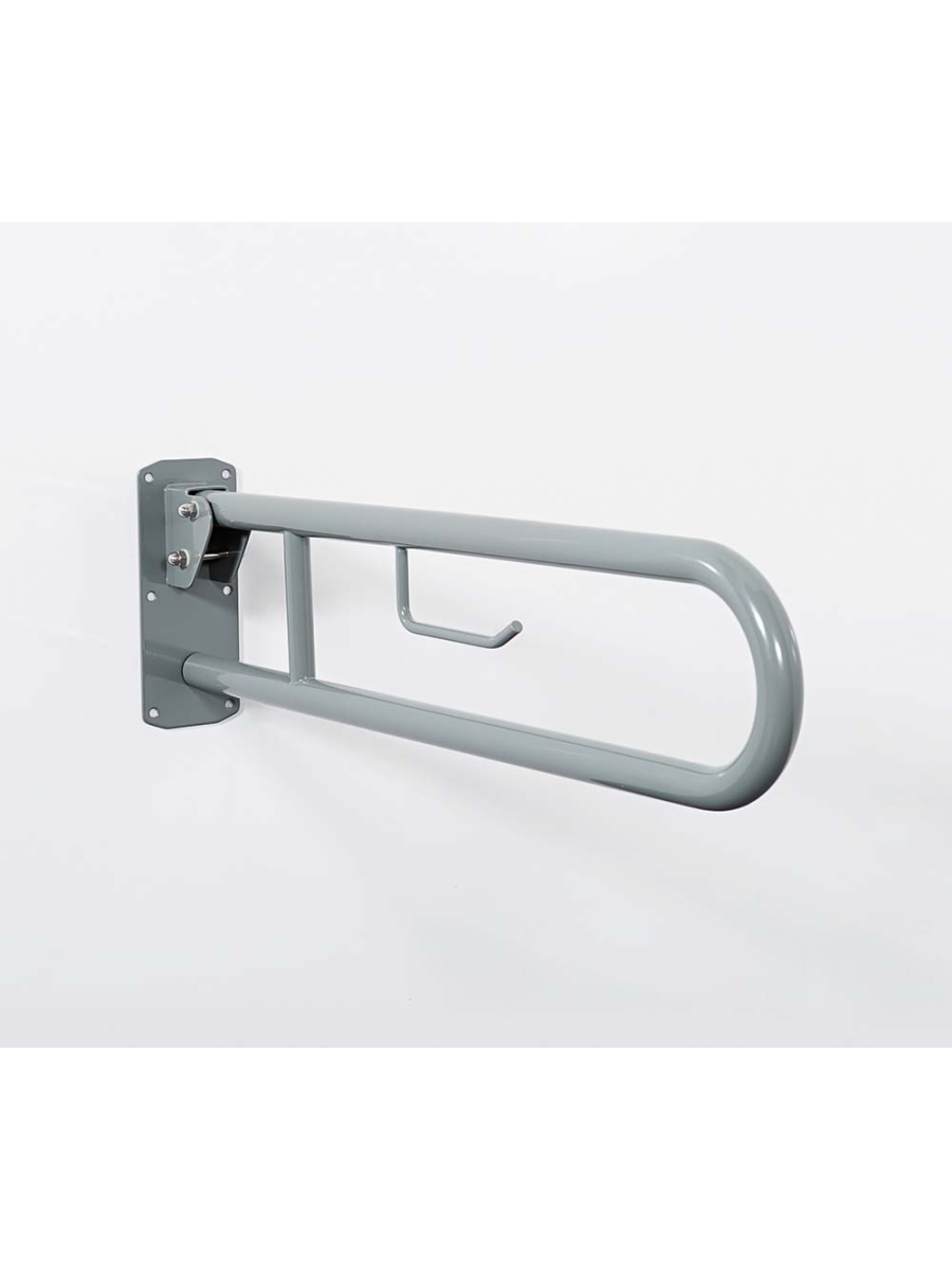 Stainless Steel Lift & Lock Hinged Support Rail c/w Toilet Roll Holder