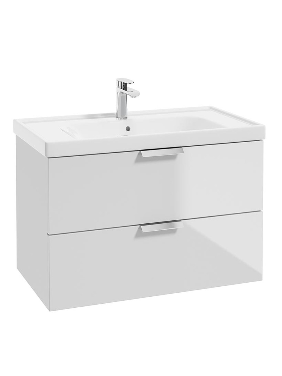 STOCKHOLM Gloss White 80cm Wall Hung Vanity Unit - Brushed Chrome Handle