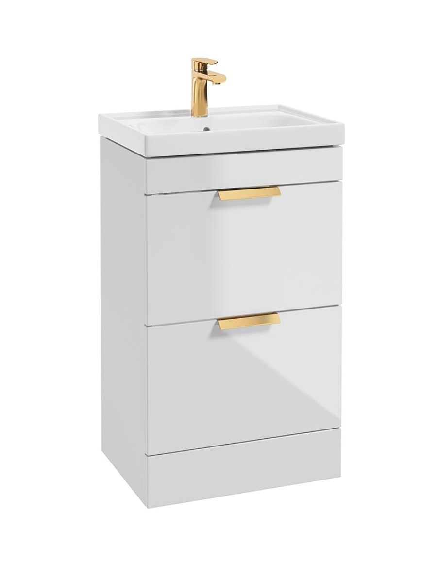 STOCKHOLM Floor Standing 50cm Two Drawer Vanity Unit Gloss White - Brushed Gold Handles