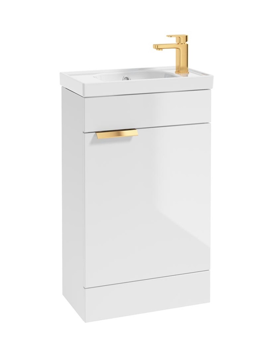 STOCKHOLM Floor Standing 50cm Cloakroom Vanity Unit Gloss White - Brushed Gold handles