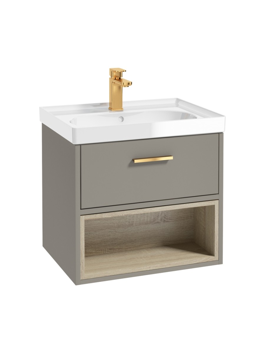 MALMO 60cm Single Drawer - Open Shelf Unit - Khaki - Brushed Gold Handle - Gloss Basin