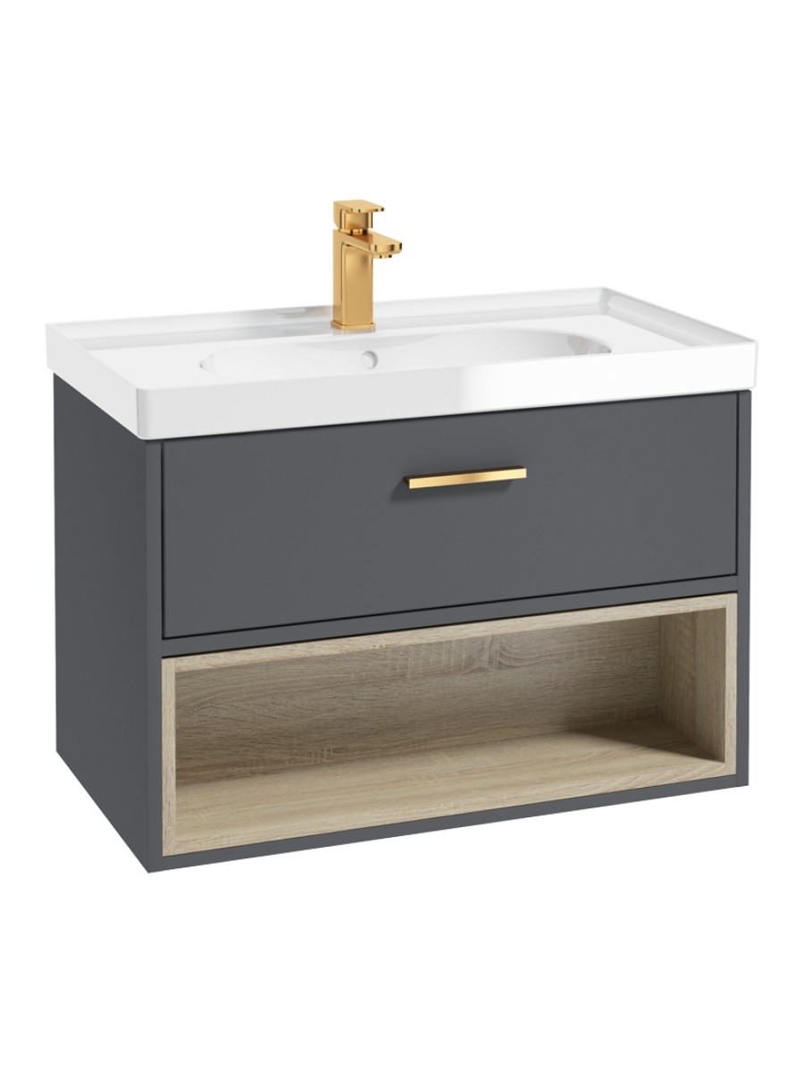 MALMO 80cm Single Drawer - Open Shelf Unit - Midnight Grey - Brushed Gold Handle - Gloss Basin