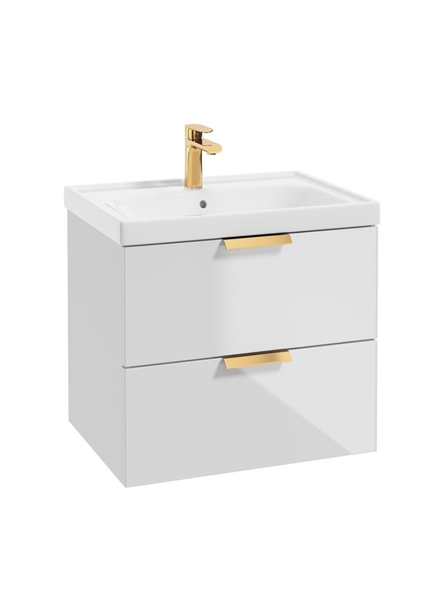 STOCKHOLM Wall Hung 60cm Two Drawer Vanity Unit Gloss White - Brushed Gold Handle