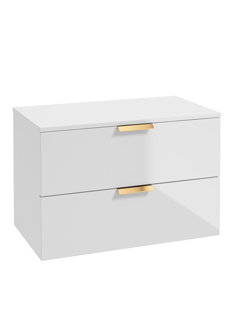 STOCKHOLM Wall Hung 80cm Two Drawer Countertop Vanity Unit Gloss White - Brushed Gold Handles