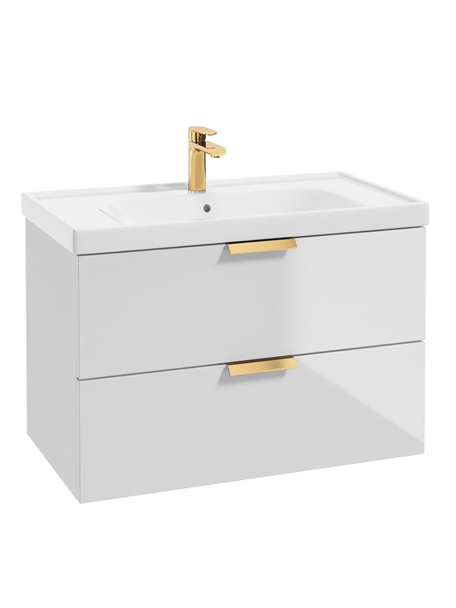 STOCKHOLM Wall Hung 80cm Two Drawer Vanity Unit Gloss White - Brushed Gold Handle