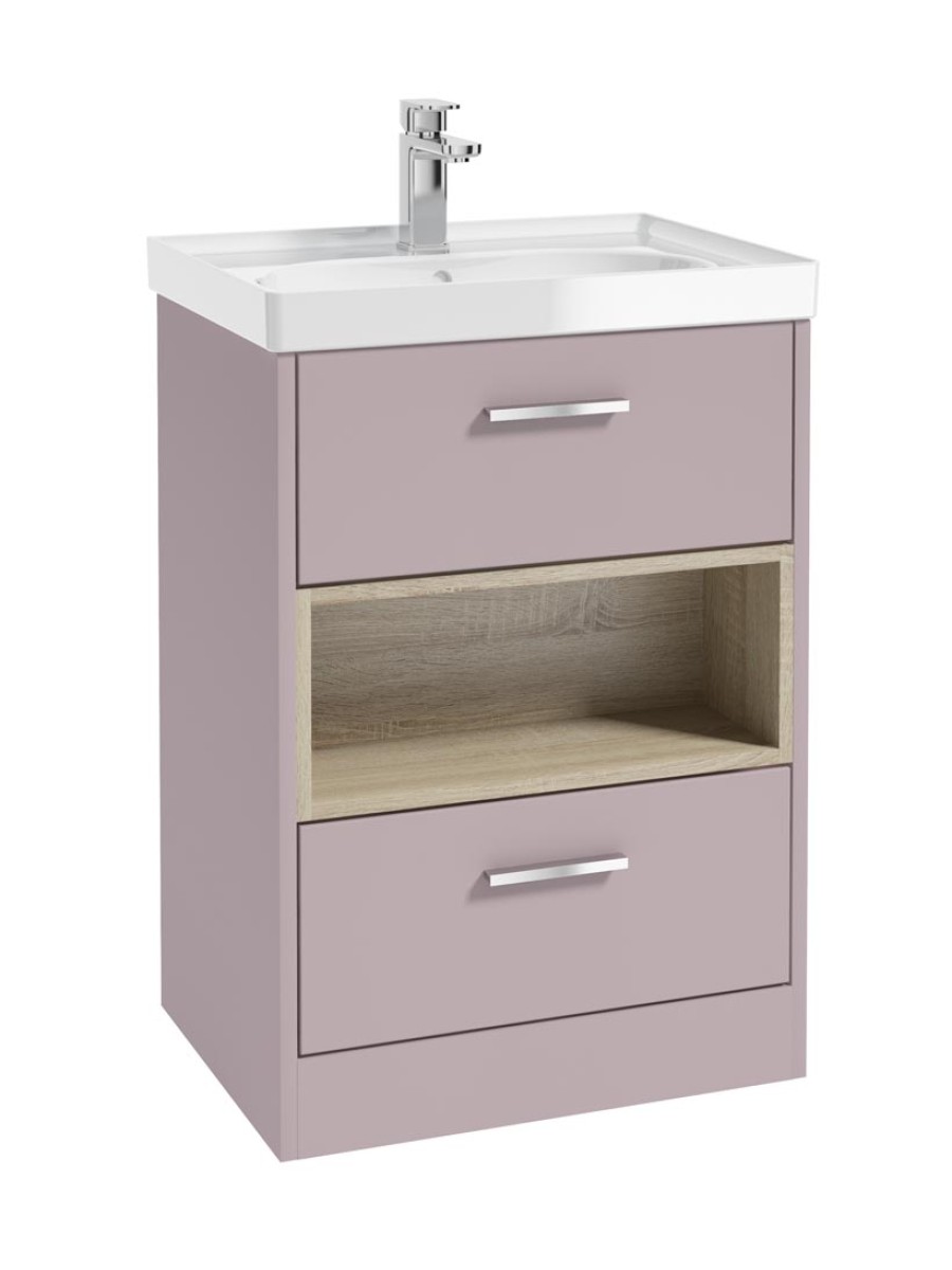MALMO 60cm Two Drawer Matt Cashmere Pink Floor Standing Vanity Unit Gloss Basin- Brushed Chrome Handle