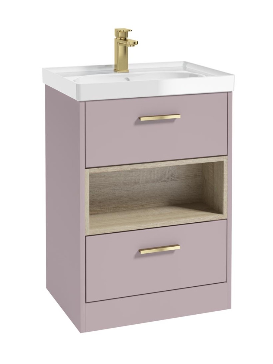 MALMO 60cm Two Drawer Matt Cashmere Pink Floor Standing Vanity Unit Gloss Basin - Brushed Gold Handle