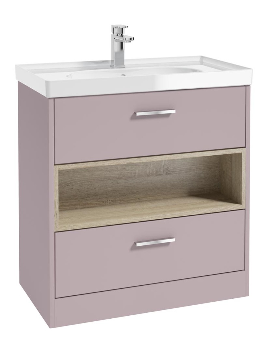 MALMO 80cm Two Drawer Matt Cashmere Pink Floor Standing Vanity Unit Gloss Basin - Brushed Chrome Handle