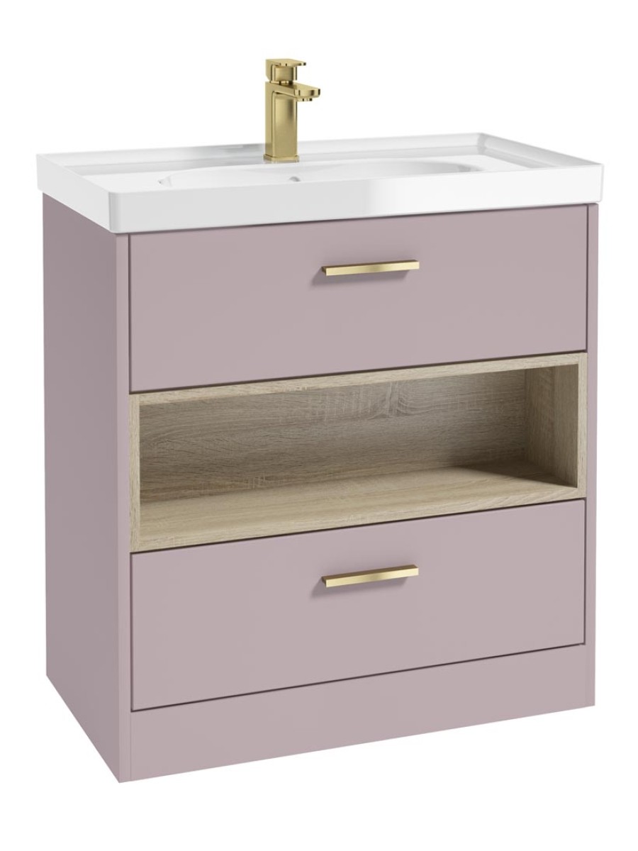 MALMO 80cm Two Drawer Matt Cashmere Pink Floor Standing Vanity Unit Gloss Basin - Brushed Gold Handle