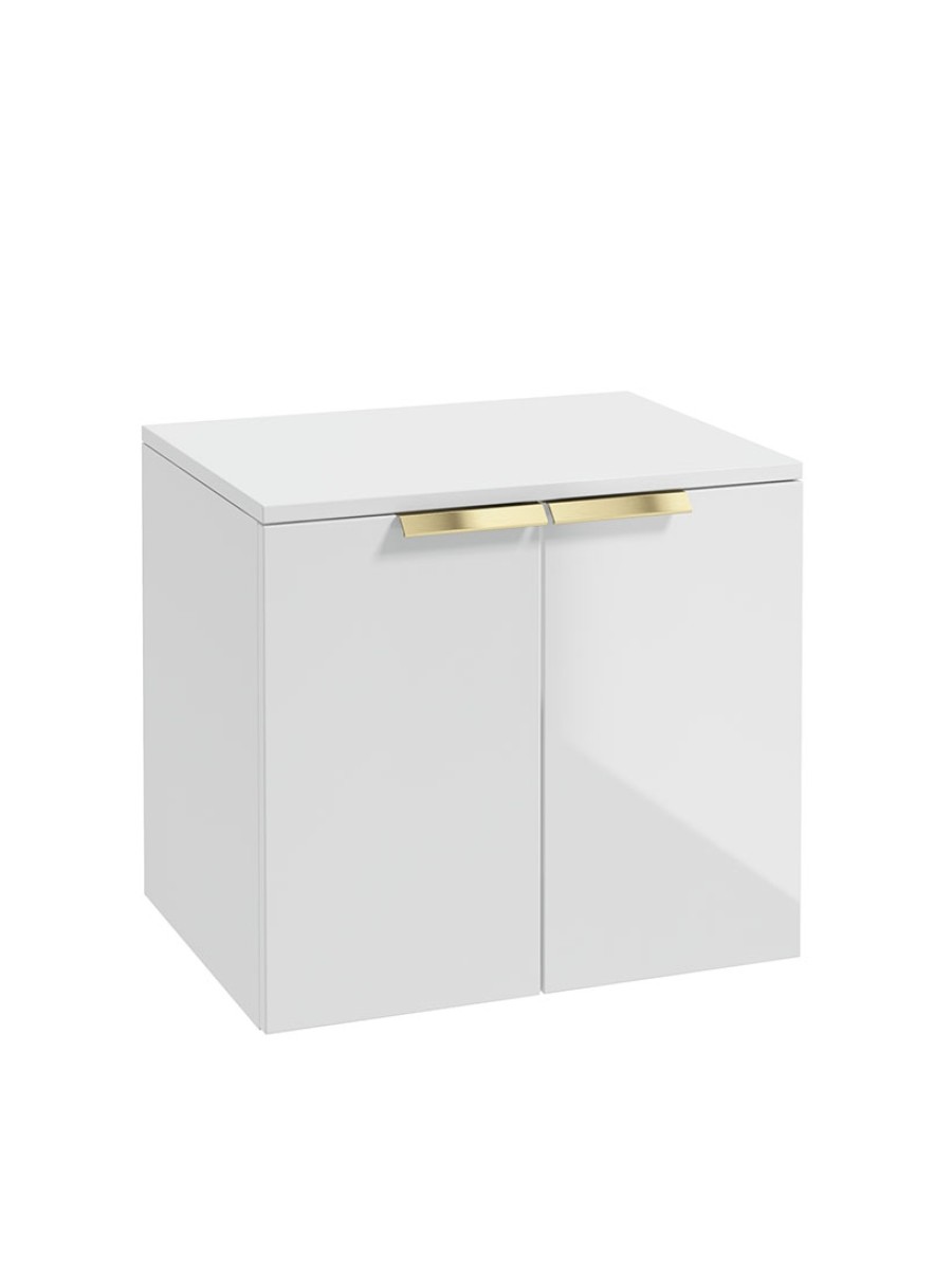 STOCKHOLM Wall Hung 60cm Two Door Countertop Vanity Unit Gloss White- Brushed Gold Handles