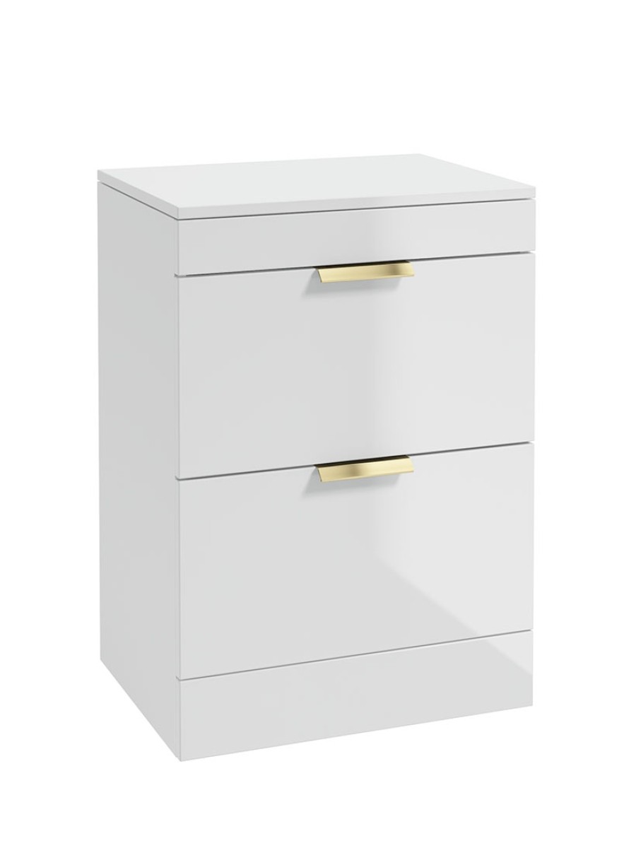STOCKHOLM Floor Standing 60cm Two Drawer Countertop Vanity Unit Gloss White - Brushed Gold Handle