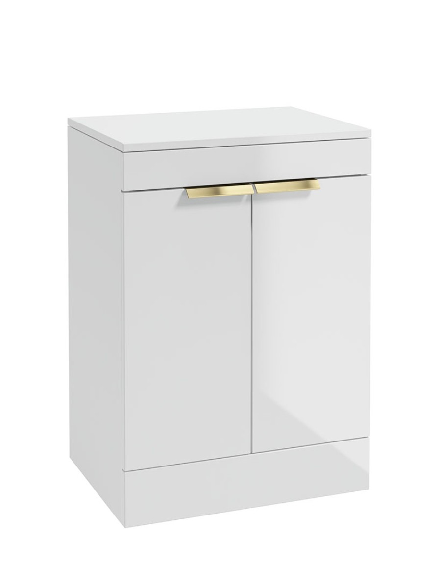 STOCKHOLM Floor Standing 60cm Two Door Countertop Vanity Unit Gloss White - Brushed Gold Handle