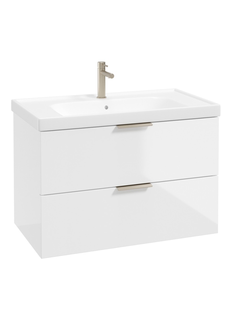 STOCKHOLM Wall Hung 80cm Two Drawer Vanity Unit Gloss White - Brushed Nickel Handle