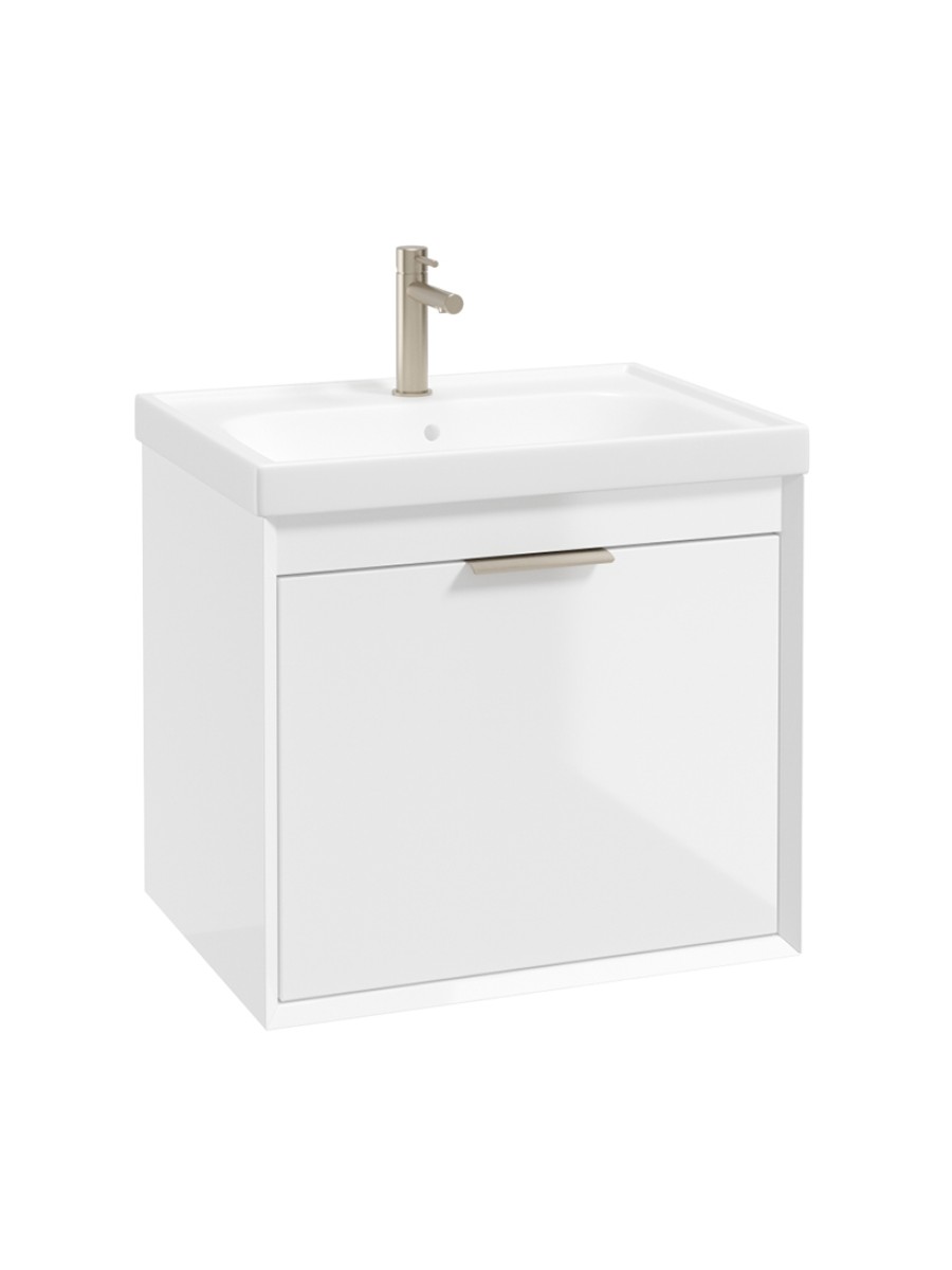 FJORD Wall Hung 60cm Two Drawer Vanity Unit Gloss White- Brushed Nickel Handle