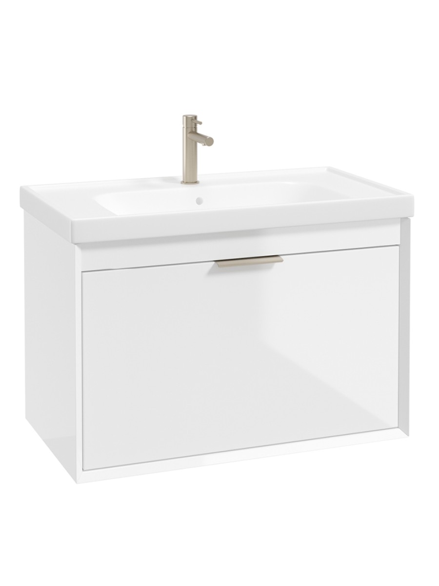 FJORD Wall Hung 80cm Two Drawer Vanity Unit Gloss White- Brushed Nickel Handle