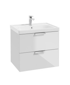 STOCKHOLM Wall Hung 60cm Two Drawer Vanity Unit Gloss White - Brushed Chrome Handle