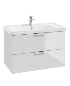 STOCKHOLM Wall Hung 80cm Two Drawer Vanity Unit Gloss White - Brushed Chrome Handle