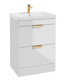 STOCKHOLM Floor Standing 60cm Two Drawer Vanity Unit Gloss White - Brushed Gold Handles