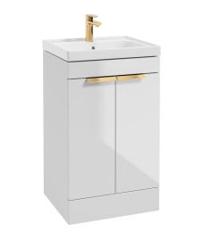 Stockholm Gloss White 50cm 2 Door Floor Standing Vanity Unit - Brushed Gold Handle
