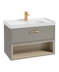 Malmo 80cm Single Drawer - Open Shelf Unit - Khaki - Brushed Gold Handle - Matt Basin
