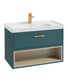 Malmo 80cm Single Drawer - Open Shelf Unit - Ocean Blue - Brushed Gold Handle - Matt Basin