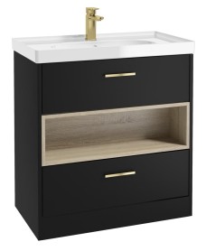 MALMO 80cm Two Drawer Matt Black Floor Standing Vanity Unit Gloss Basin - Brushed Gold Handle