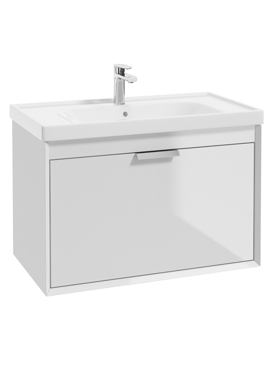 FJORD Gloss White 80cm Wall Hung Vanity Unit-Brushed Chrome Handle