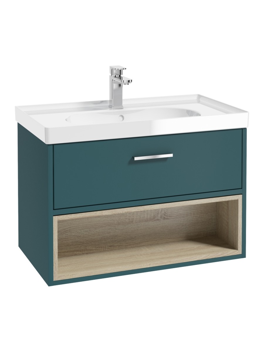 MALMO 80cm Single Drawer - Open Shelf Unit - Ocean Blue - Chrome Handle - Gloss Basin