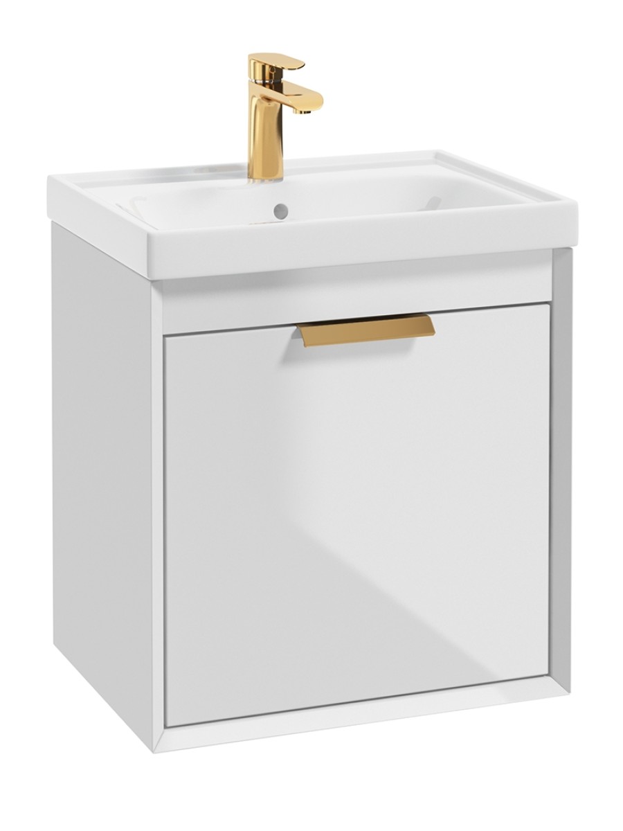 FJORD Gloss White 50cm Wall Hung Vanity Unit-Brushed Gold Handle