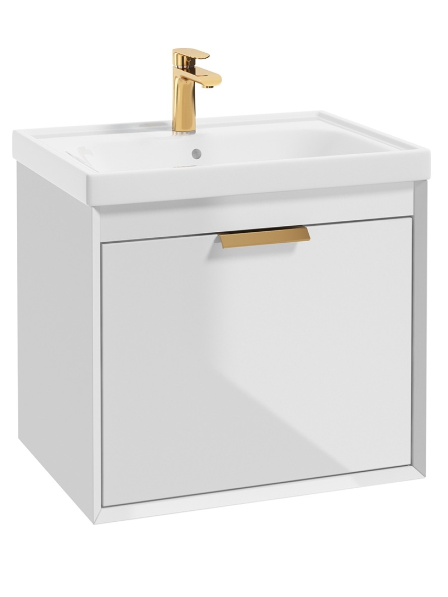FJORD Gloss White  60cm Wall Hung Vanity Unit-Brushed Gold Handle