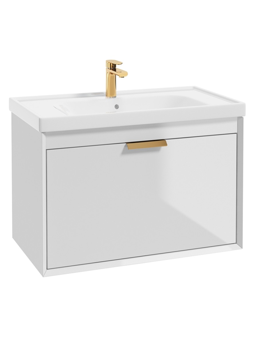 FJORD Gloss White 80cm Wall Hung Vanity Unit-Brushed Gold Handle