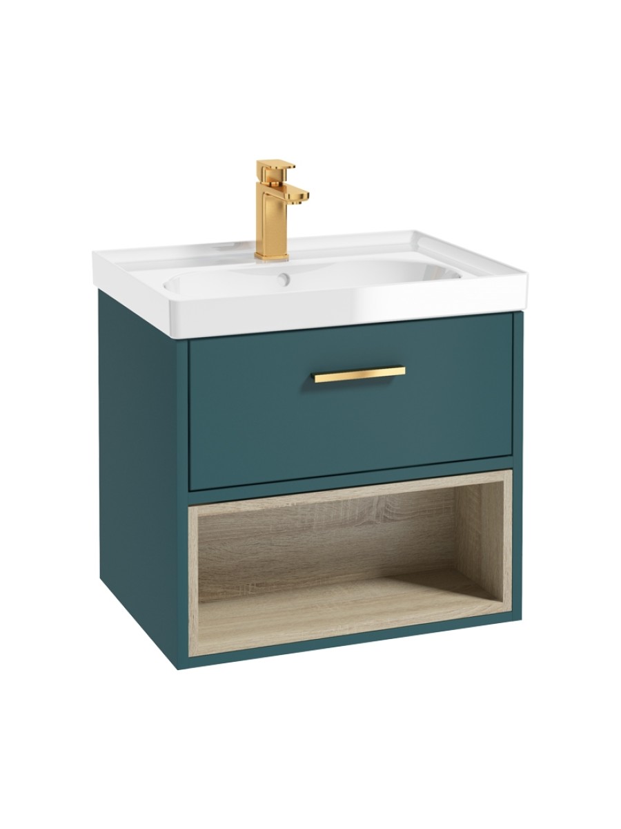 MALMO 60cm Single Drawer - Open Shelf Unit - Ocean Blue - Brushed Gold Handle - Gloss Basin