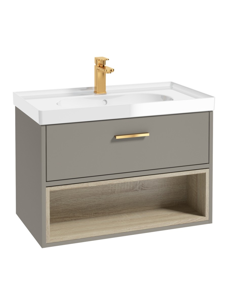 MALMO 80cm Single Drawer - Open Shelf Unit - Khaki - Brushed Gold Handle - Gloss Basin