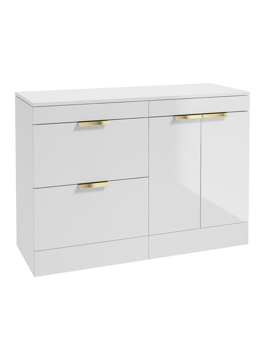 STOCKHOLM 120cm Floor Standing Two Drawer and Two Door Gloss White Countertop Vanity Unit - Brushed Gold Handle