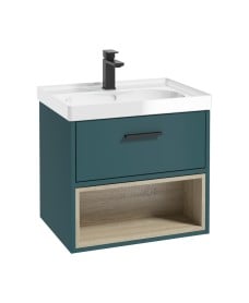Malmo 60cm Single Drawer - Open Shelf Unit - Ocean Blue - Black Handle - Gloss Basin