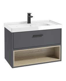 Malmo 80cm Single Drawer - Open Shelf Unit - Midnight Grey - Black Handle - Gloss Basin