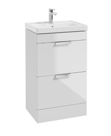 STOCKHOLM Gloss White 50cm 2 Drawer Floor Standing Vanity Unit - Brushed Chrome Handle